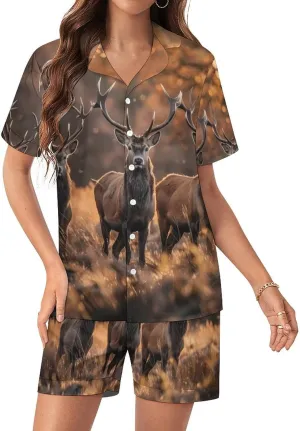 Wild Deer Women's Satin Pajama Set Short Sleeve Button Down Sleepwear Loungewear Pj Set