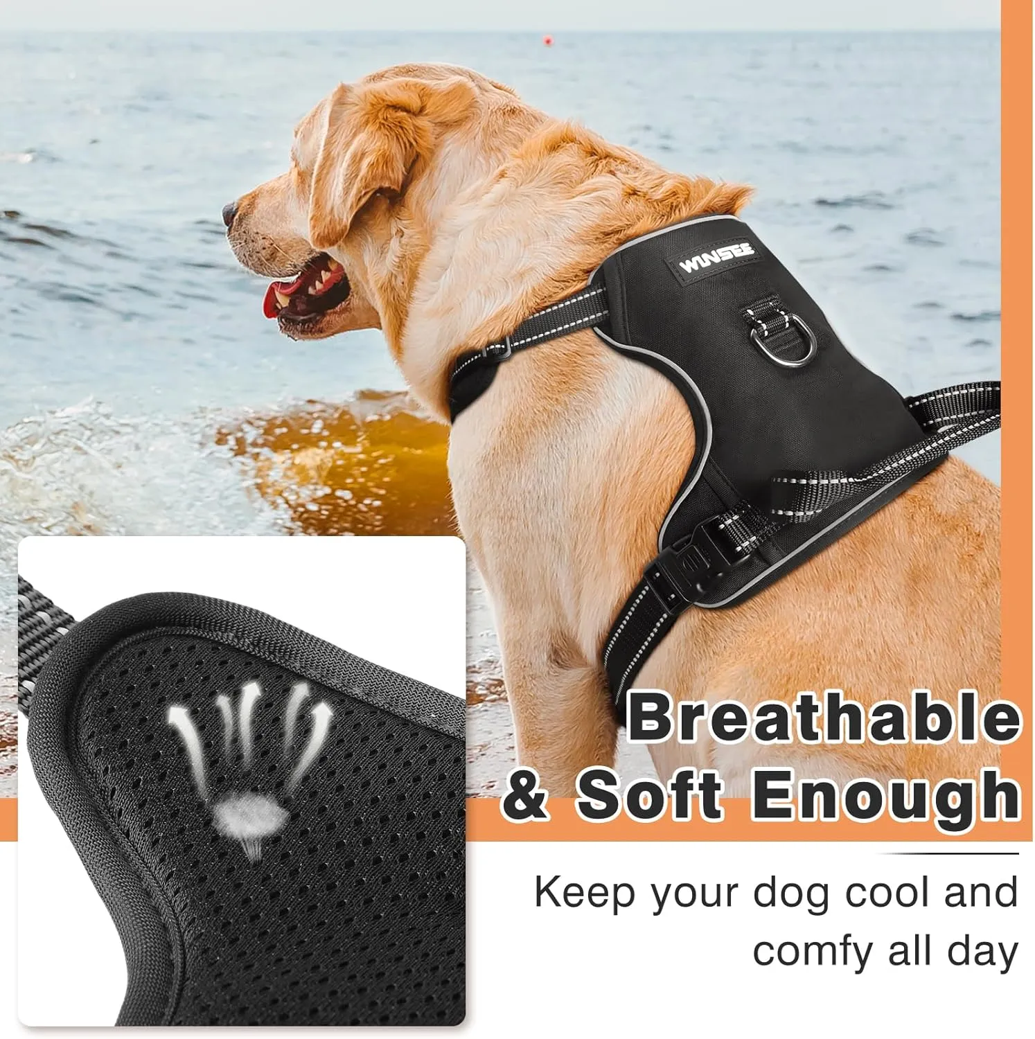 WINSEE Dog Harness No Pull, Adjustable Pet Vest with Front/Back Leash Clips, Reflective Soft Padded Dog Harness for Large Dogs, Easy Control Handle for Walking