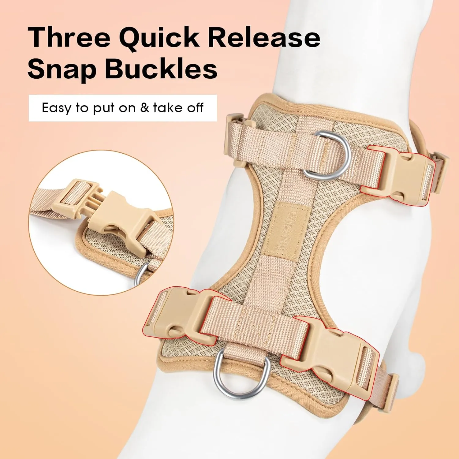 Wisedog Mesh Breathable Dog Harness: No Pull Harness with 3 Fast-Release Buckles Adjustable for Walking & Training for Small Medium Large Dogs (Sand Color, M: Neck=17"-22"/Chest=15"-28")