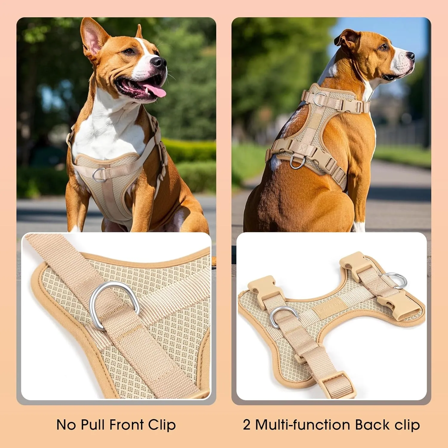 Wisedog Mesh Breathable Dog Harness: No Pull Harness with 3 Fast-Release Buckles Adjustable for Walking & Training for Small Medium Large Dogs (Sand Color, M: Neck=17"-22"/Chest=15"-28")