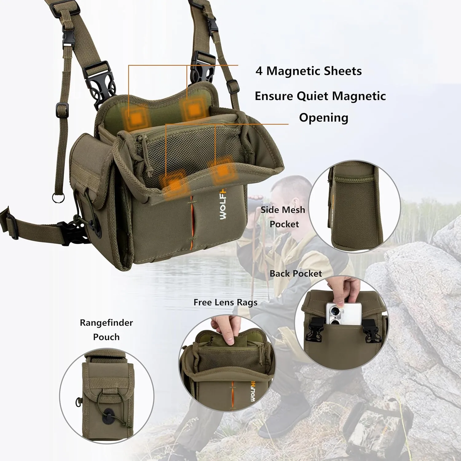 WOLFHUNT Binocular Harness Chest Pack with Rangefinder Pouch Detachable, Hunting Chest Pack Magnetic Opening, Bino Harness Bag Adjustable Strap for Hunting, Hiking, Field Observation
