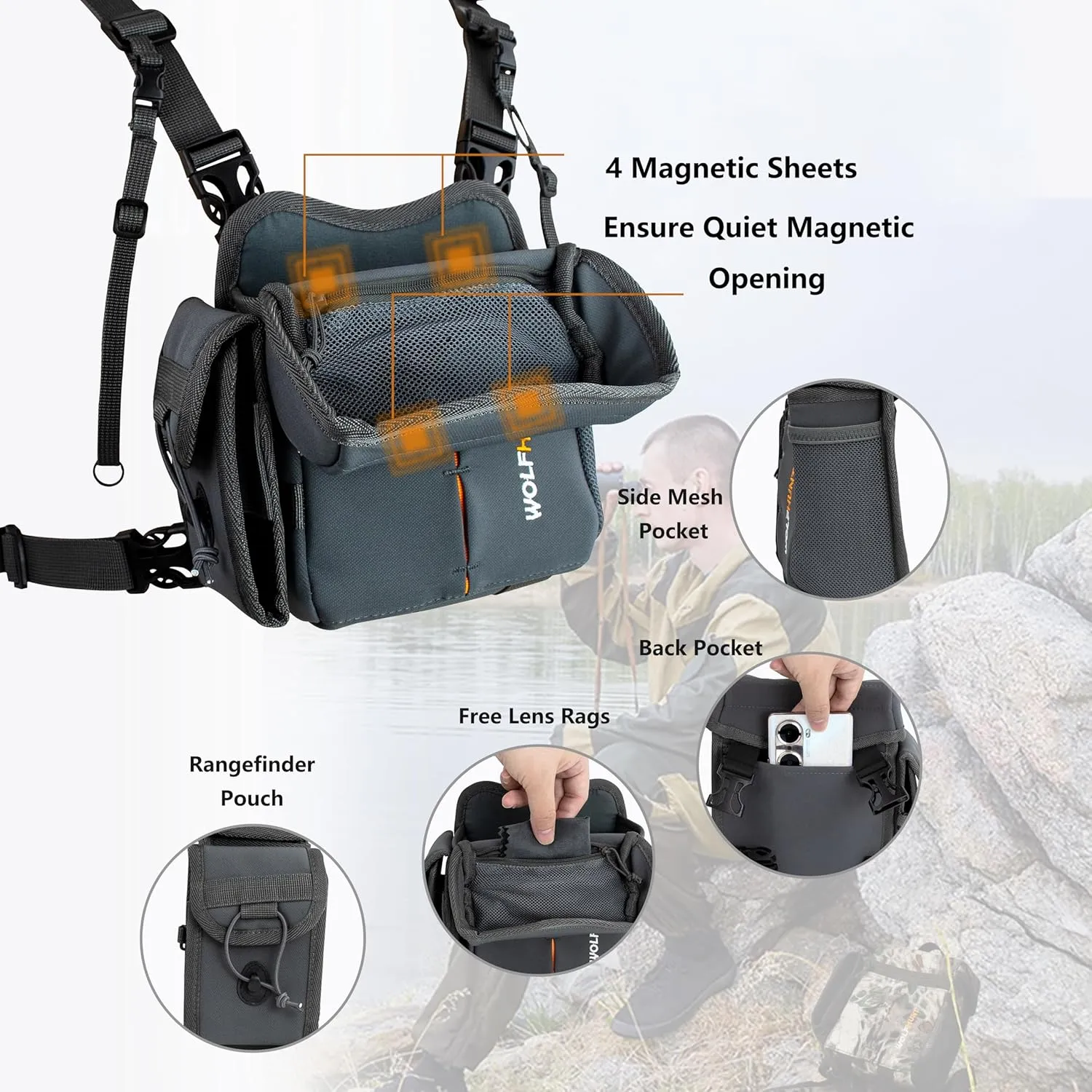 WOLFHUNT Binocular Harness Chest Pack with Rangefinder Pouch Detachable, Hunting Chest Pack Magnetic Opening, Bino Harness Bag Adjustable Strap for Hunting, Hiking, Field Observation