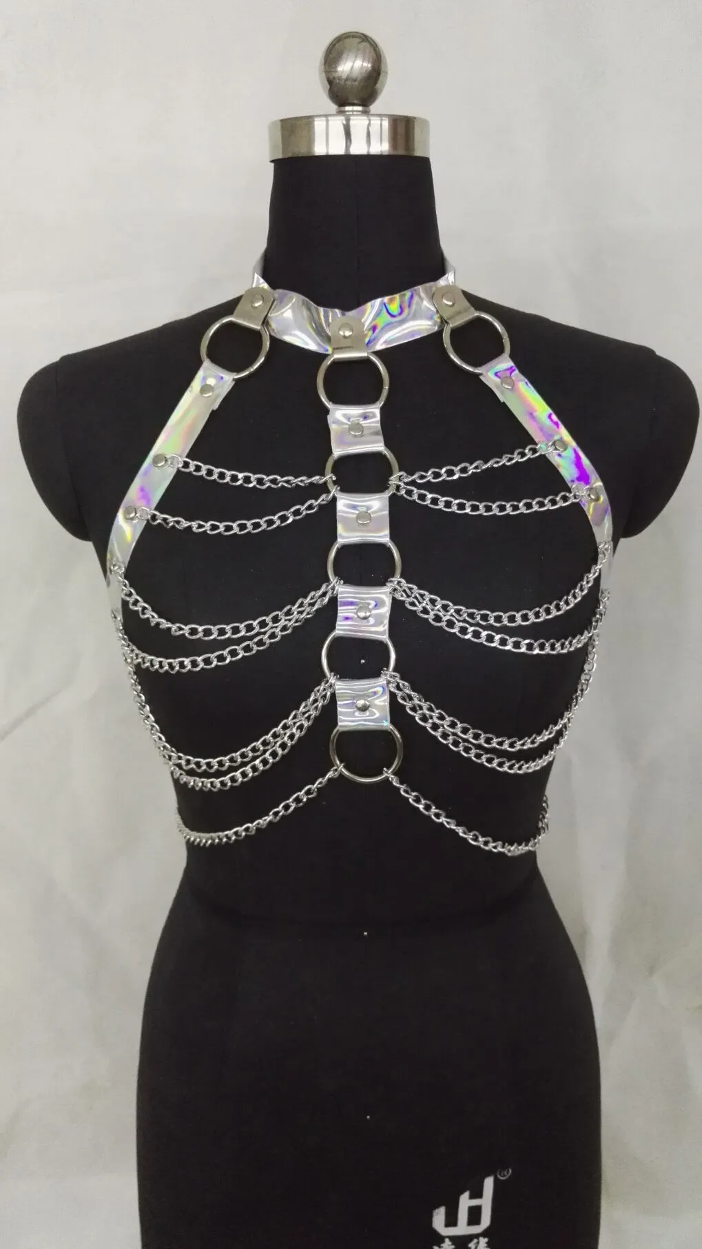 Women Halter Color Body Harness Bondage Party Chain Belt Festival Rave Costume Clubwear Holographic Belt Pastel Goth Top