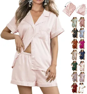 Womens 3Pcs Floral Pajamas Sets Silk Satin Sleepwear XS~4XL Button Down Short Sleeve Shirt Pjs Loungewear