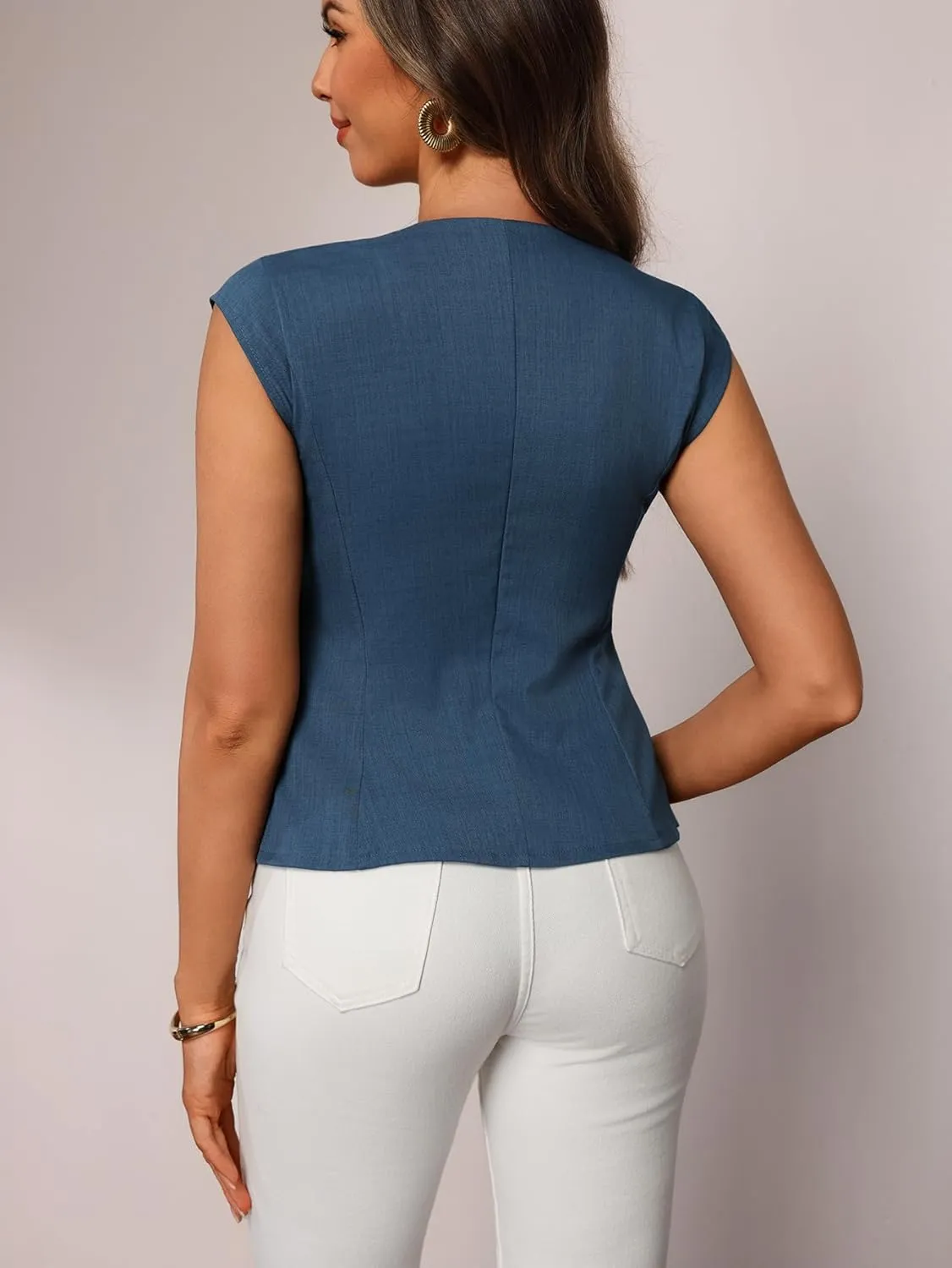 Women's Button Down Cap Sleeve Blouse Crew Neck Split Hem Work Office Shirts