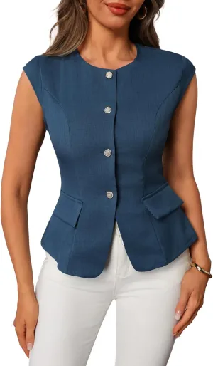 Women's Button Down Cap Sleeve Blouse Crew Neck Split Hem Work Office Shirts