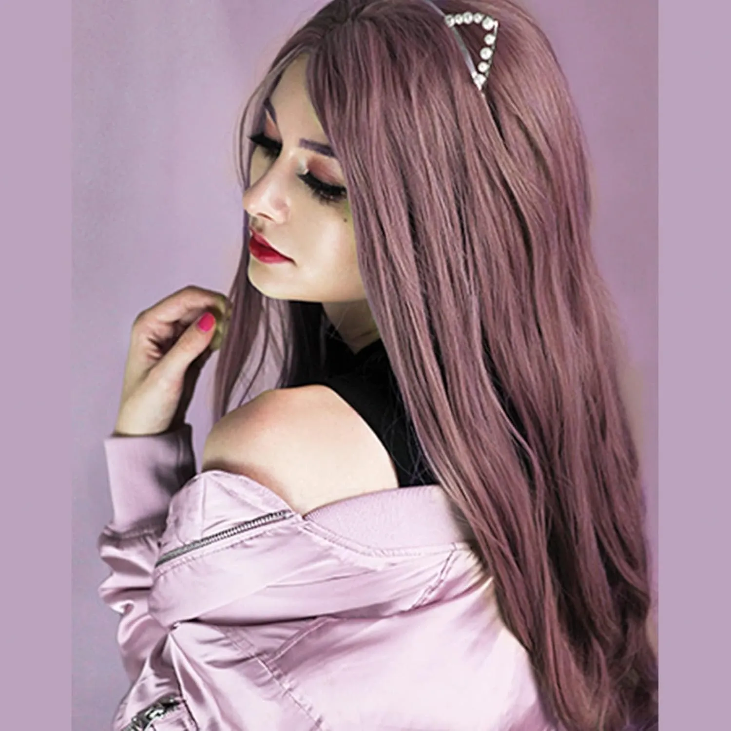 Women's Dark Coral Red Wig Long Natural Straight Brown Red Soft Synthetic Hair Wigs with Baby Hair Fashion Color Glueless Half Hand Tied Lace Front Wig Drag Queen Cosplay Costume Daily 24Inches