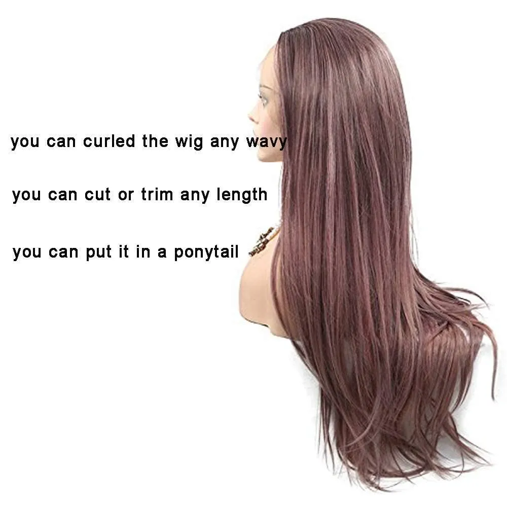 Women's Dark Coral Red Wig Long Natural Straight Brown Red Soft Synthetic Hair Wigs with Baby Hair Fashion Color Glueless Half Hand Tied Lace Front Wig Drag Queen Cosplay Costume Daily 24Inches