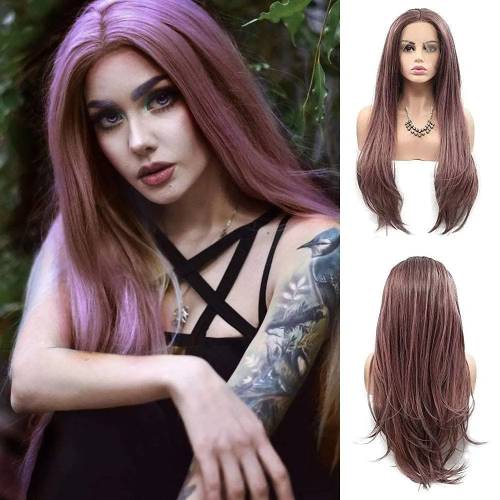 Women's Dark Coral Red Wig Long Natural Straight Brown Red Soft Synthetic Hair Wigs with Baby Hair Fashion Color Glueless Half Hand Tied Lace Front Wig Drag Queen Cosplay Costume Daily 24Inches