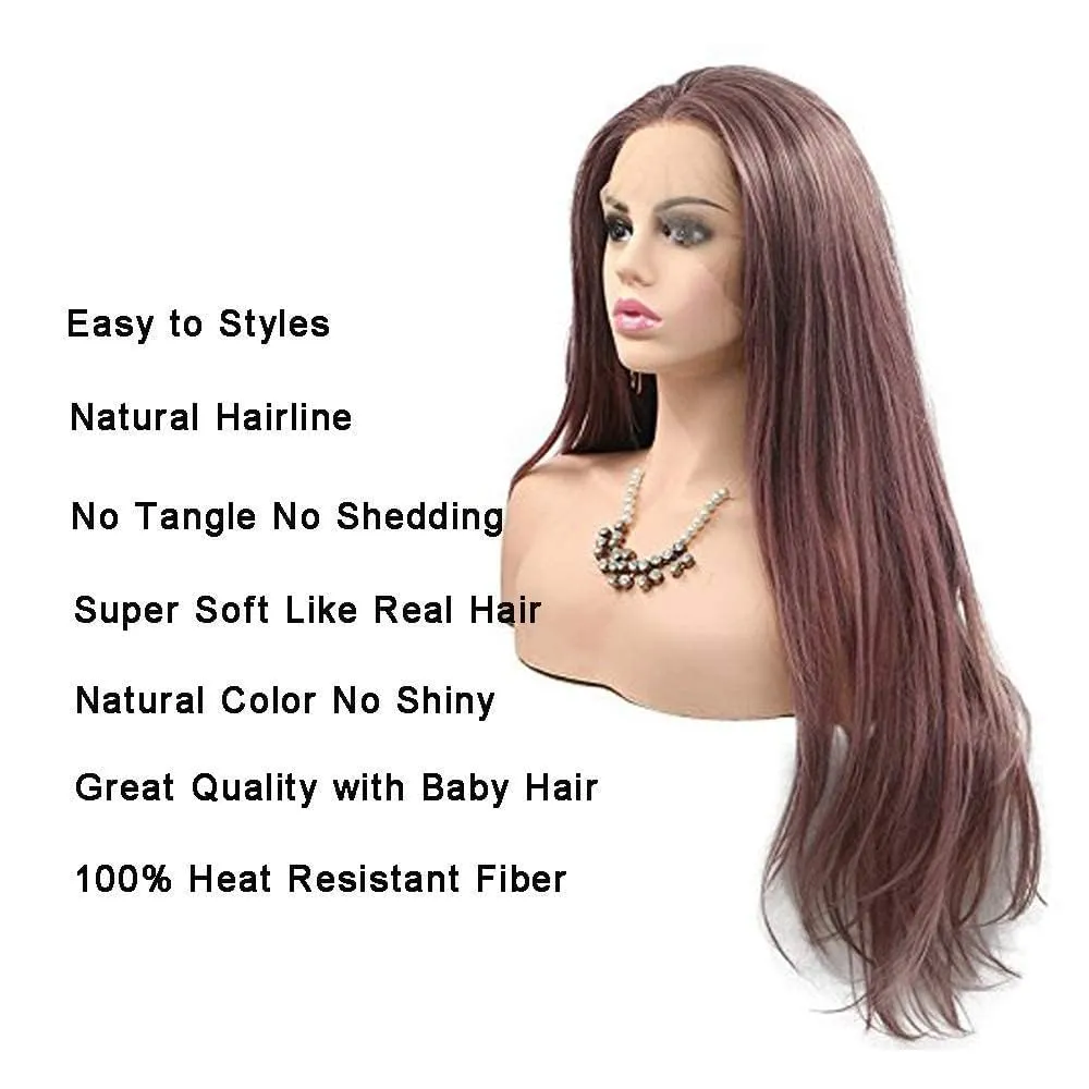 Women's Dark Coral Red Wig Long Natural Straight Brown Red Soft Synthetic Hair Wigs with Baby Hair Fashion Color Glueless Half Hand Tied Lace Front Wig Drag Queen Cosplay Costume Daily 24Inches