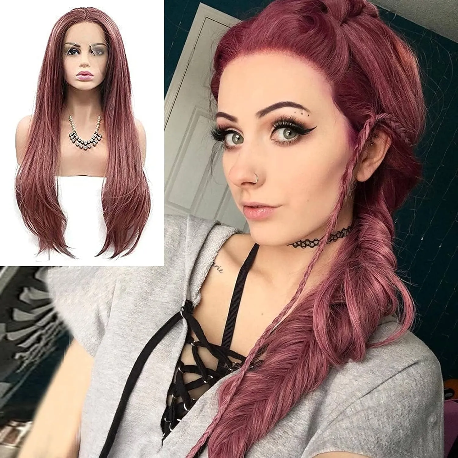 Women's Dark Coral Red Wig Long Natural Straight Brown Red Soft Synthetic Hair Wigs with Baby Hair Fashion Color Glueless Half Hand Tied Lace Front Wig Drag Queen Cosplay Costume Daily 24Inches