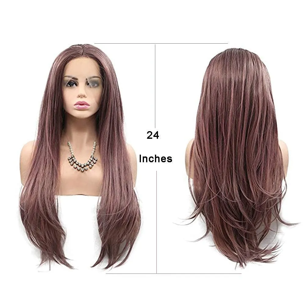 Women's Dark Coral Red Wig Long Natural Straight Brown Red Soft Synthetic Hair Wigs with Baby Hair Fashion Color Glueless Half Hand Tied Lace Front Wig Drag Queen Cosplay Costume Daily 24Inches