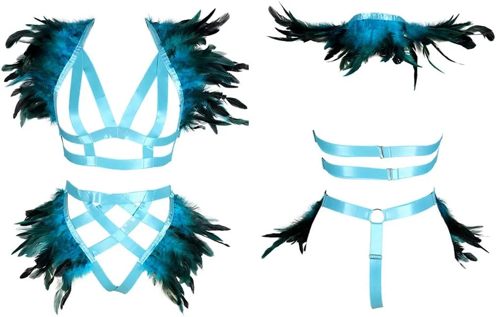 Women's Feathers Body Harness Epaulets Wings Punk Gothic Leg Garter Photography Clothing Accessories(