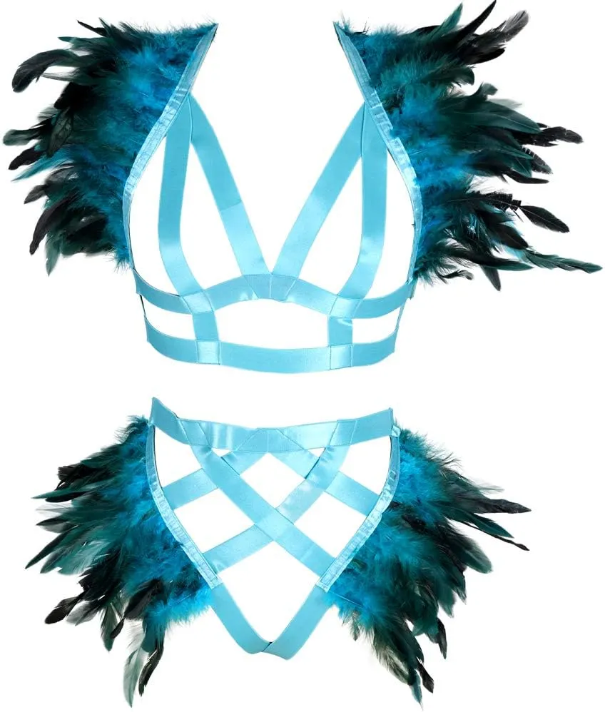 Women's Feathers Body Harness Epaulets Wings Punk Gothic Leg Garter Photography Clothing Accessories(