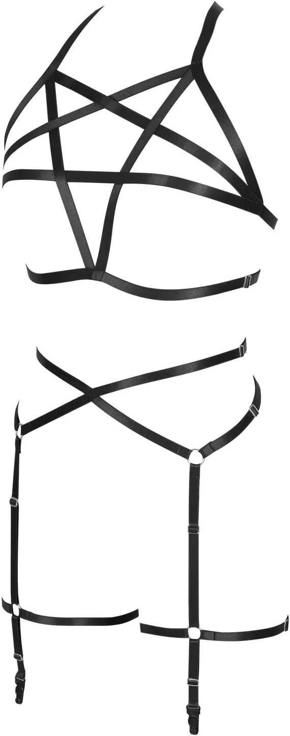 Women's Full Body Harness Bra Garter Belt Lingerie cage Set Chest Strap Gothic Punk Festival Rave Plus Size