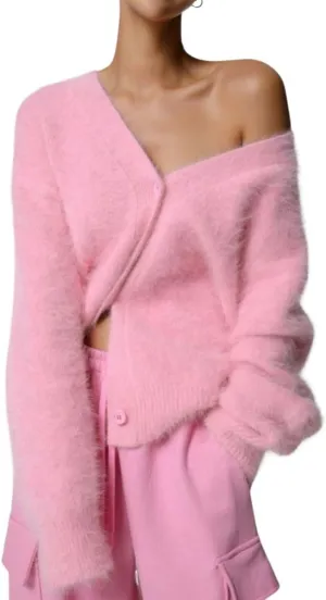 Women's Fuzzy Knit Cardigan Button Down Long Sleeve V Neck Furry Sweater Coat Slouchy Loose Cardigans Outwear