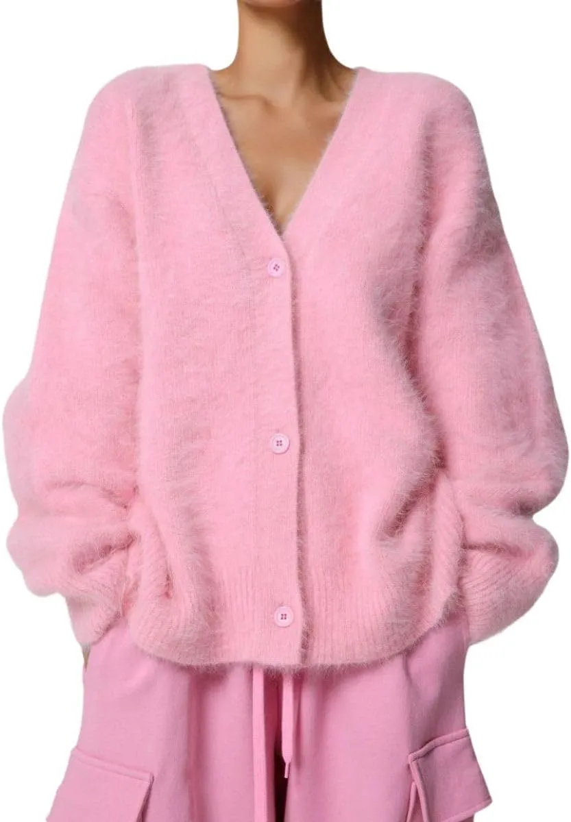 Women's Fuzzy Knit Cardigan Button Down Long Sleeve V Neck Furry Sweater Coat Slouchy Loose Cardigans Outwear