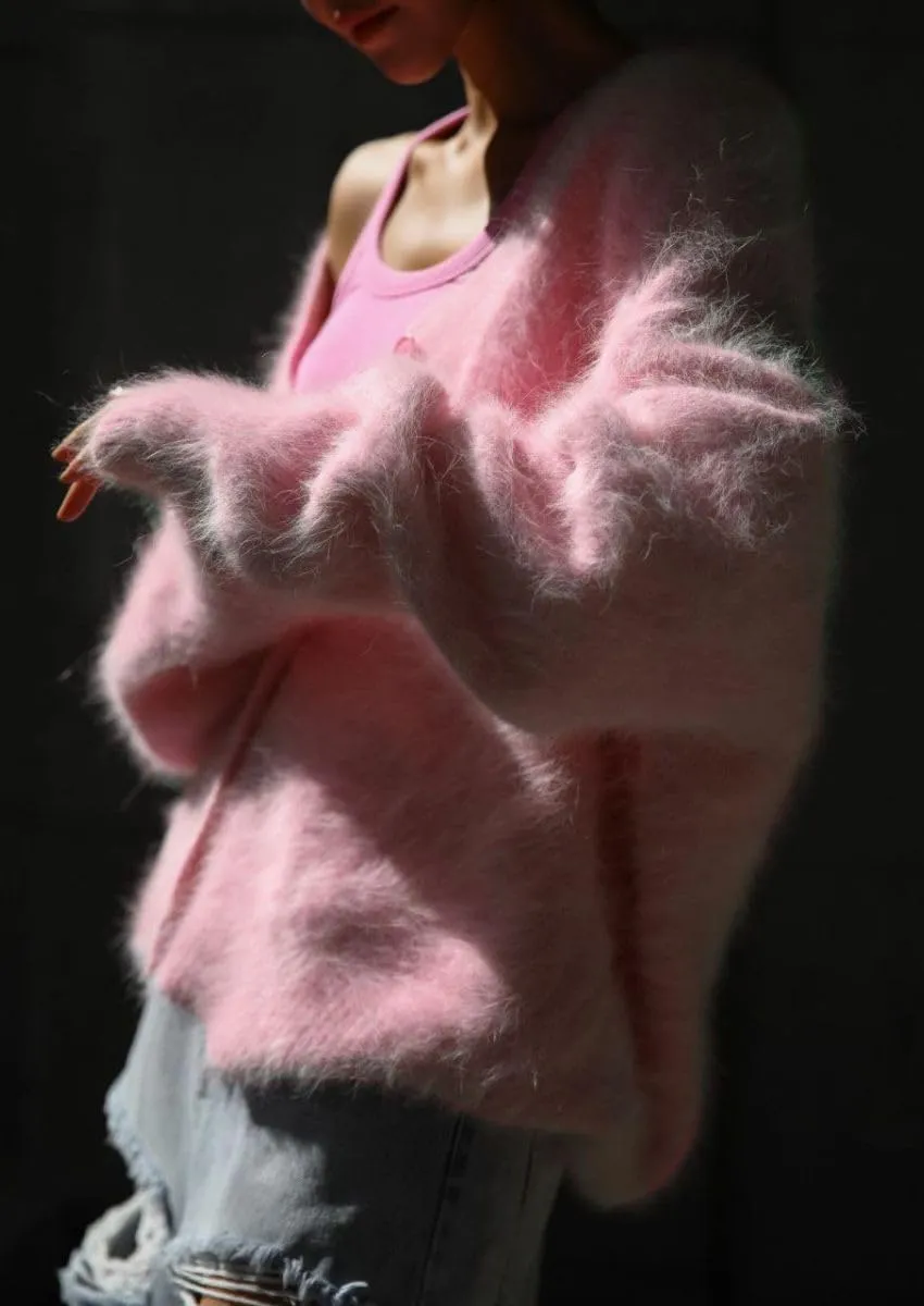 Women's Fuzzy Knit Cardigan Button Down Long Sleeve V Neck Furry Sweater Coat Slouchy Loose Cardigans Outwear