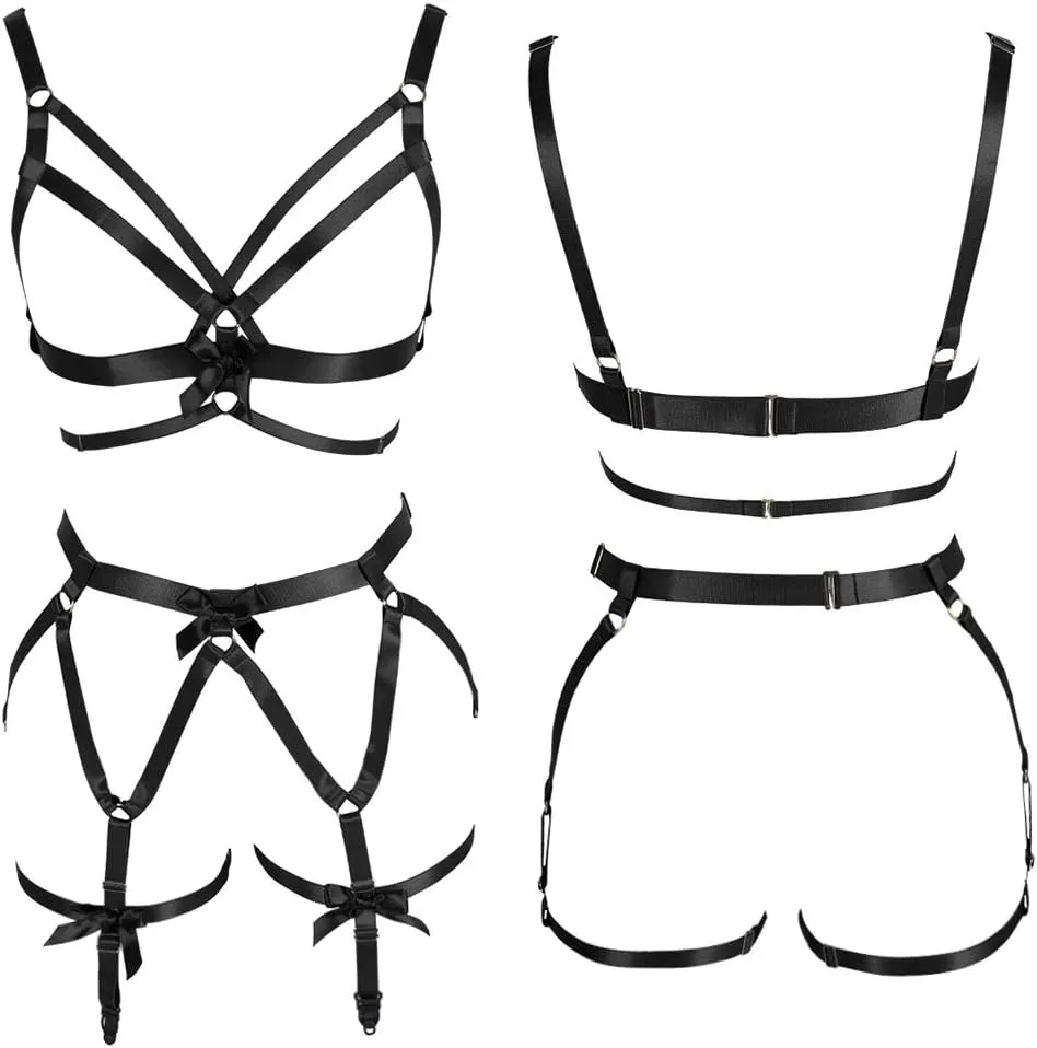 Women's Punk Cut Out Harness Body Full Strappy Lingerie Garter Belts Set Elasticity Goth Club Rave Wear