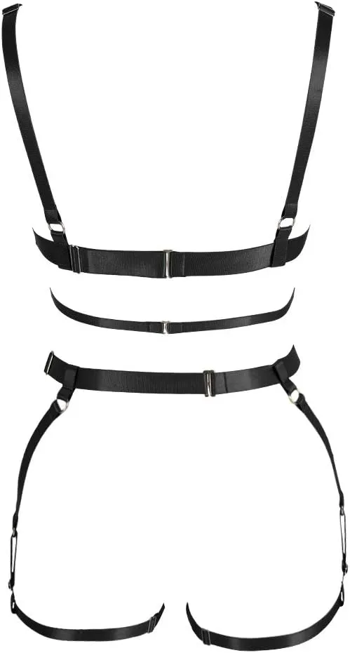 Women's Punk Cut Out Harness Body Full Strappy Lingerie Garter Belts Set Elasticity Goth Club Rave Wear