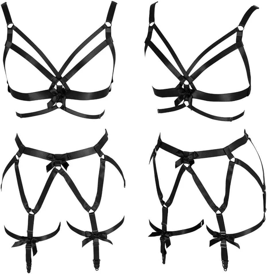 Women's Punk Cut Out Harness Body Full Strappy Lingerie Garter Belts Set Elasticity Goth Club Rave Wear