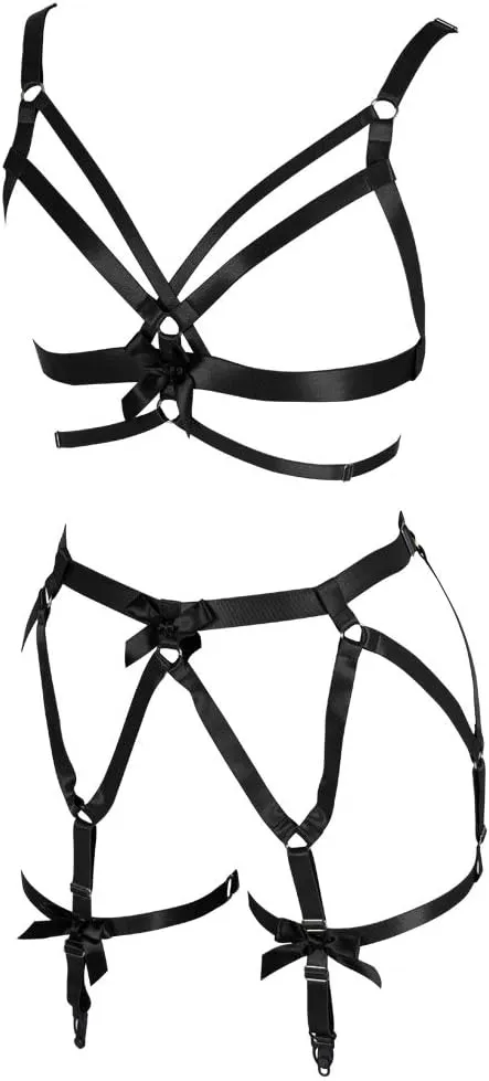 Women's Punk Cut Out Harness Body Full Strappy Lingerie Garter Belts Set Elasticity Goth Club Rave Wear
