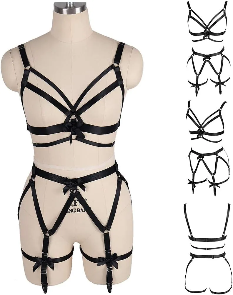 Women's Punk Cut Out Harness Body Full Strappy Lingerie Garter Belts Set Elasticity Goth Club Rave Wear
