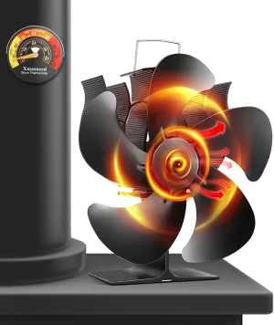 Wood Stove Fan, Fireplace Fan for Wood Burning Stove, Heat Powered fan, Wood Stove Accessories, Quiet Operation Circulating Warm Air, (Include Magnetic Thermometer) (5-Blade)