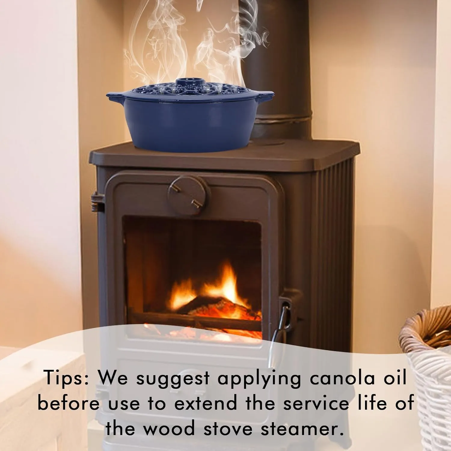Wood Stove Steamer, Cast Iron Humidifier for Stove, Home Indoor Decorative, Blue Finish, Rust Resistant, Lattice Top, 2.5 Quart Capacity, Patented