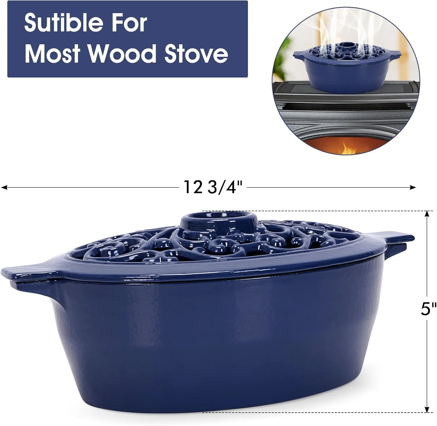 Wood Stove Steamer, Cast Iron Humidifier for Stove, Home Indoor Decorative, Blue Finish, Rust Resistant, Lattice Top, 2.5 Quart Capacity, Patented