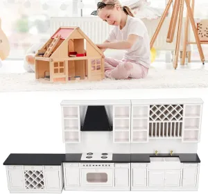 Wooden Dollhouse Miniature Furniture, 112 Kitchen Stove Sink Cabinet Set Dollhouse Decoration Accessories for Dining Room (White)