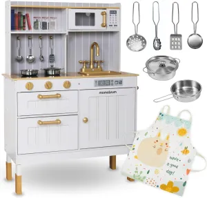 Wooden Kitchen for Kids 3 , Kids Kitchen Set with Accessories and Apron, White Toy Stove with Microwave, Oven, Sink and Pots