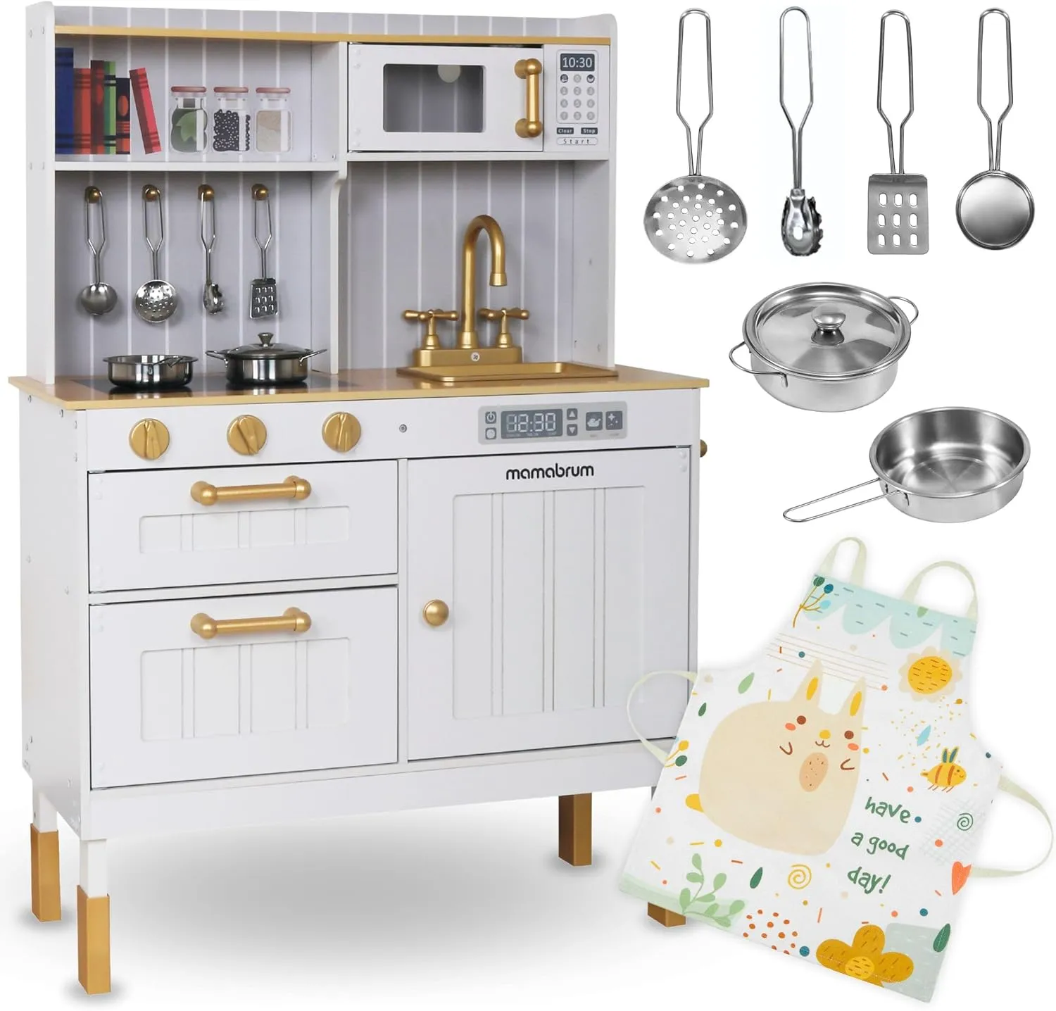 Wooden Kitchen for Kids 3 , Kids Kitchen Set with Accessories and Apron, White Toy Stove with Microwave, Oven, Sink and Pots