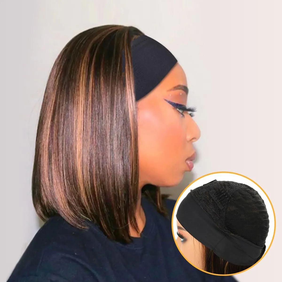 xccoco Highlight Headband Wigs for Black Women Short Brown Yaki Straight Hair Headband Wig Put On and Go Glueless Wig Natural Looking Synthetic Wig with Headband,12inch