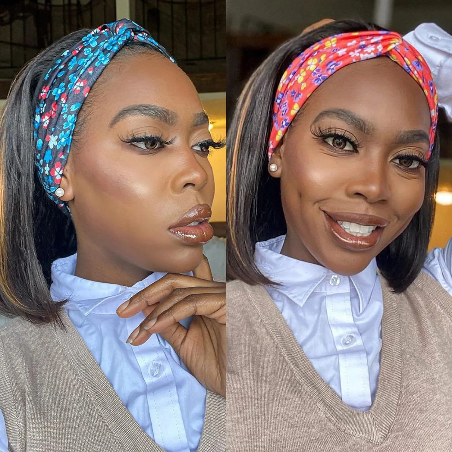 xccoco Highlight Headband Wigs for Black Women Short Brown Yaki Straight Hair Headband Wig Put On and Go Glueless Wig Natural Looking Synthetic Wig with Headband,12inch