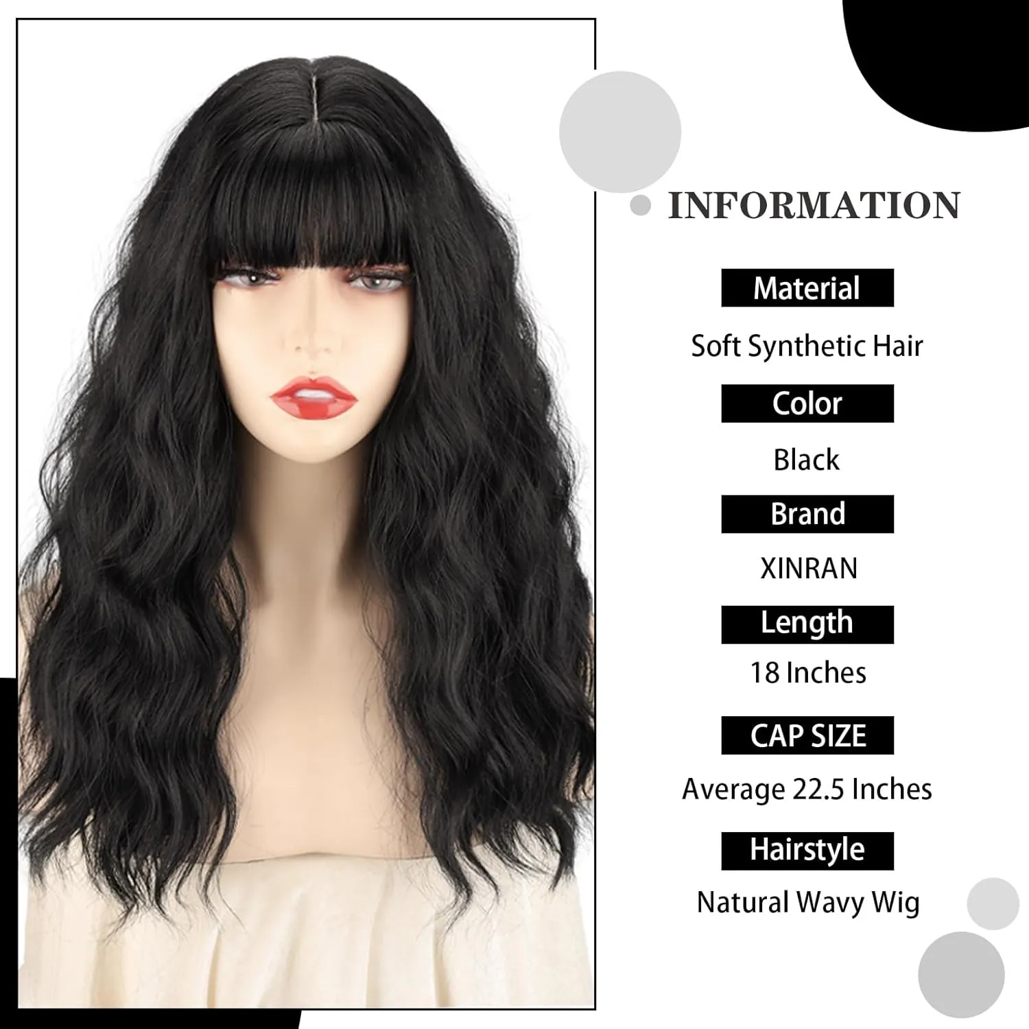 Xinran Black Wig with Bangs 18 Inch Medium Length Wavy Wig for Women Synthetic Natural Heat Resistant Long Black Wig for Halloween Daily Party Use