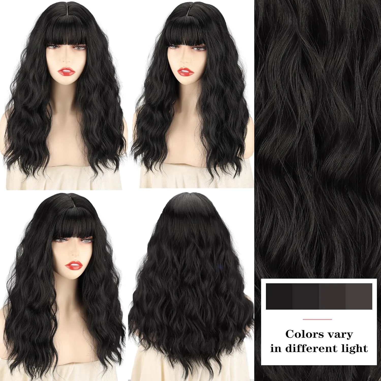 Xinran Black Wig with Bangs 18 Inch Medium Length Wavy Wig for Women Synthetic Natural Heat Resistant Long Black Wig for Halloween Daily Party Use