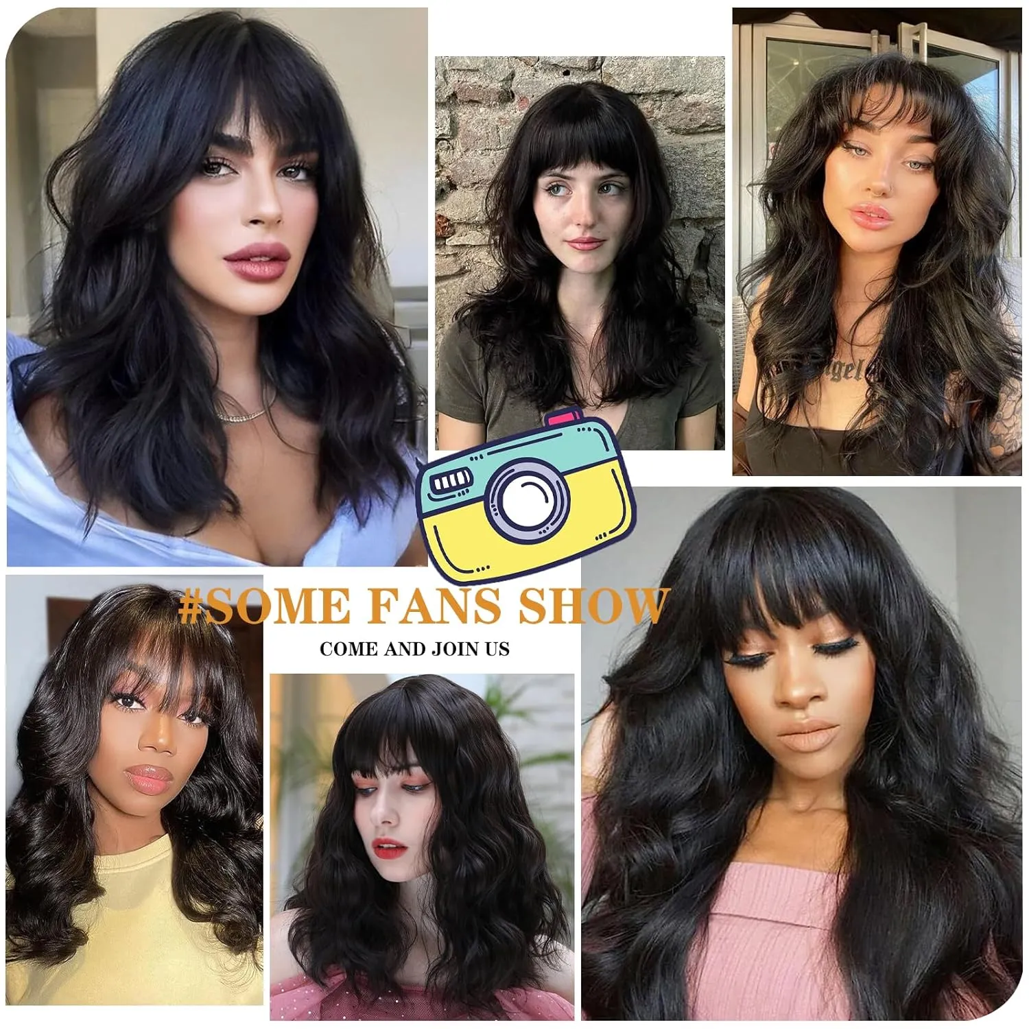 Xinran Black Wig with Bangs 18 Inch Medium Length Wavy Wig for Women Synthetic Natural Heat Resistant Long Black Wig for Halloween Daily Party Use