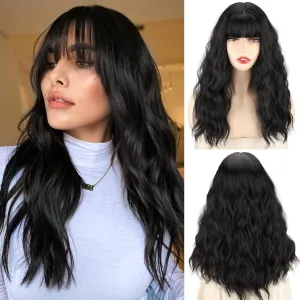 Xinran Black Wig with Bangs 18 Inch Medium Length Wavy Wig for Women Synthetic Natural Heat Resistant Long Black Wig for Halloween Daily Party Use