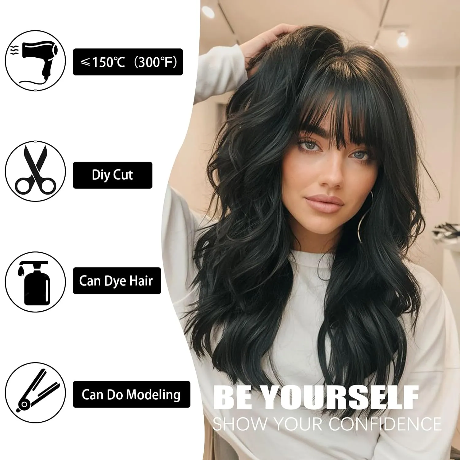 Xinran Black Wig with Bangs 18 Inch Medium Length Wavy Wig for Women Synthetic Natural Heat Resistant Long Black Wig for Halloween Daily Party Use