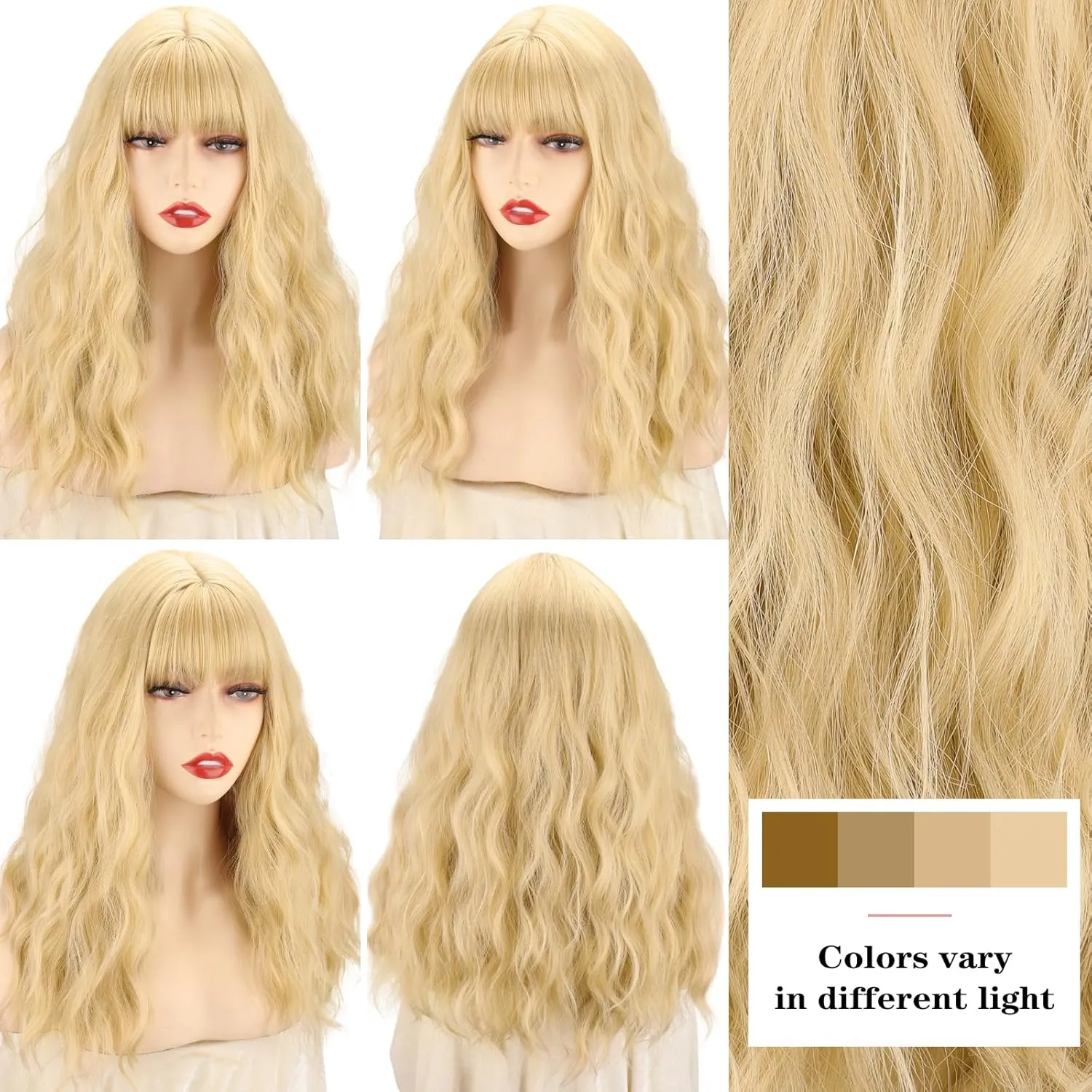 Xinran Blonde Wig With Bangs 18 Inch Medium Length Blonde Wavy Synthetic Long Heat Resistant Wig Natural Looking Daily Party Use/Halloween Use