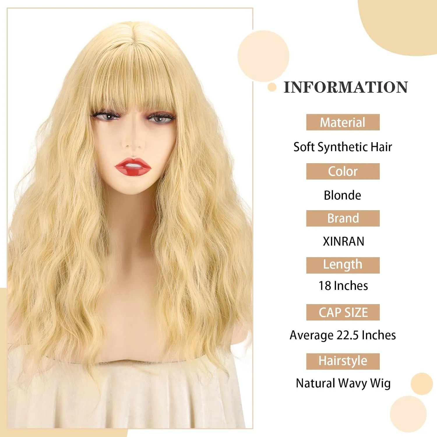 Xinran Blonde Wig With Bangs 18 Inch Medium Length Blonde Wavy Synthetic Long Heat Resistant Wig Natural Looking Daily Party Use/Halloween Use