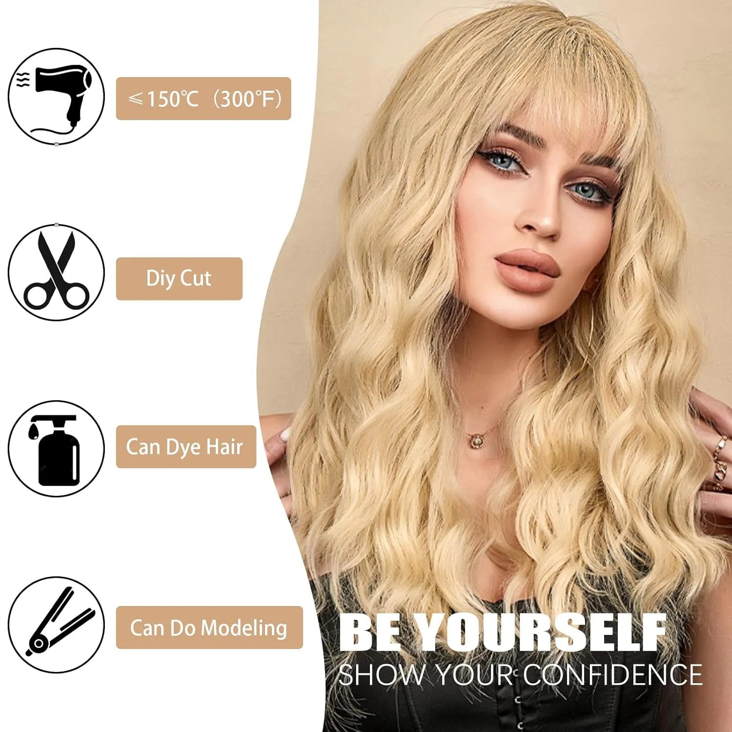 Xinran Blonde Wig With Bangs 18 Inch Medium Length Blonde Wavy Synthetic Long Heat Resistant Wig Natural Looking Daily Party Use/Halloween Use
