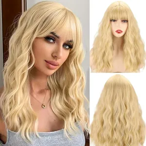 Xinran Blonde Wig With Bangs 18 Inch Medium Length Blonde Wavy Synthetic Long Heat Resistant Wig Natural Looking Daily Party Use/Halloween Use