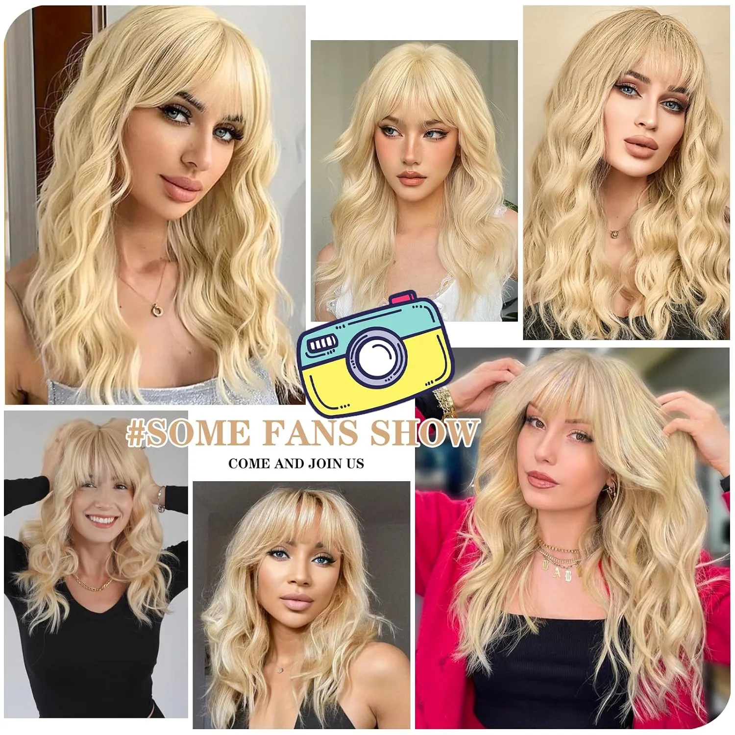Xinran Blonde Wig With Bangs 18 Inch Medium Length Blonde Wavy Synthetic Long Heat Resistant Wig Natural Looking Daily Party Use/Halloween Use