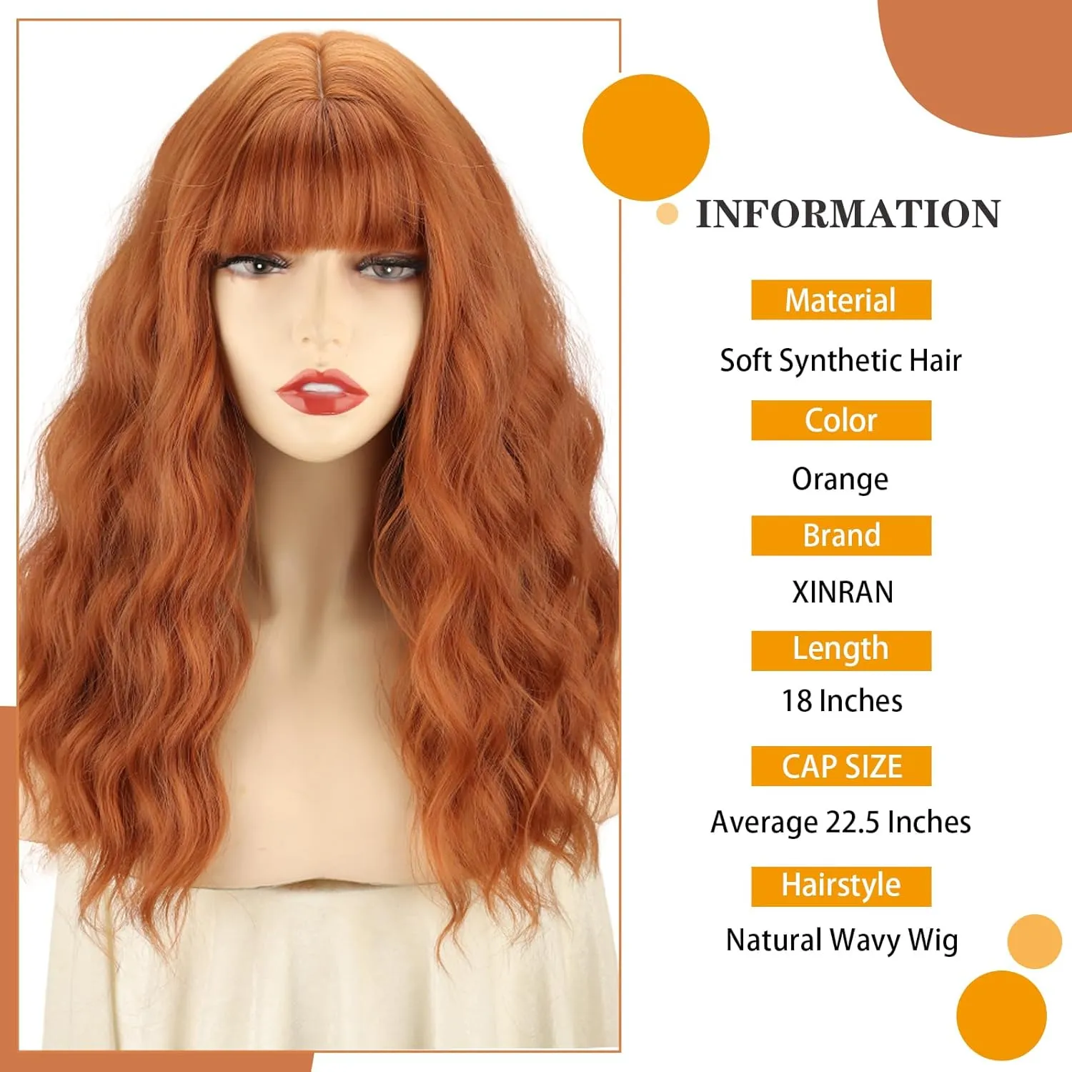 Xinran Orange Wavy Wig With Bangs Long Ginger Wavy Wigs for Women 18 Inch Medium Length Synthetic Heat Resistant Wig for Daily Cosplay Party Use