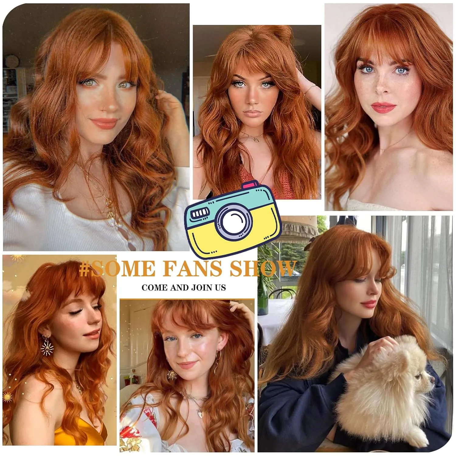 Xinran Orange Wavy Wig With Bangs Long Ginger Wavy Wigs for Women 18 Inch Medium Length Synthetic Heat Resistant Wig for Daily Cosplay Party Use