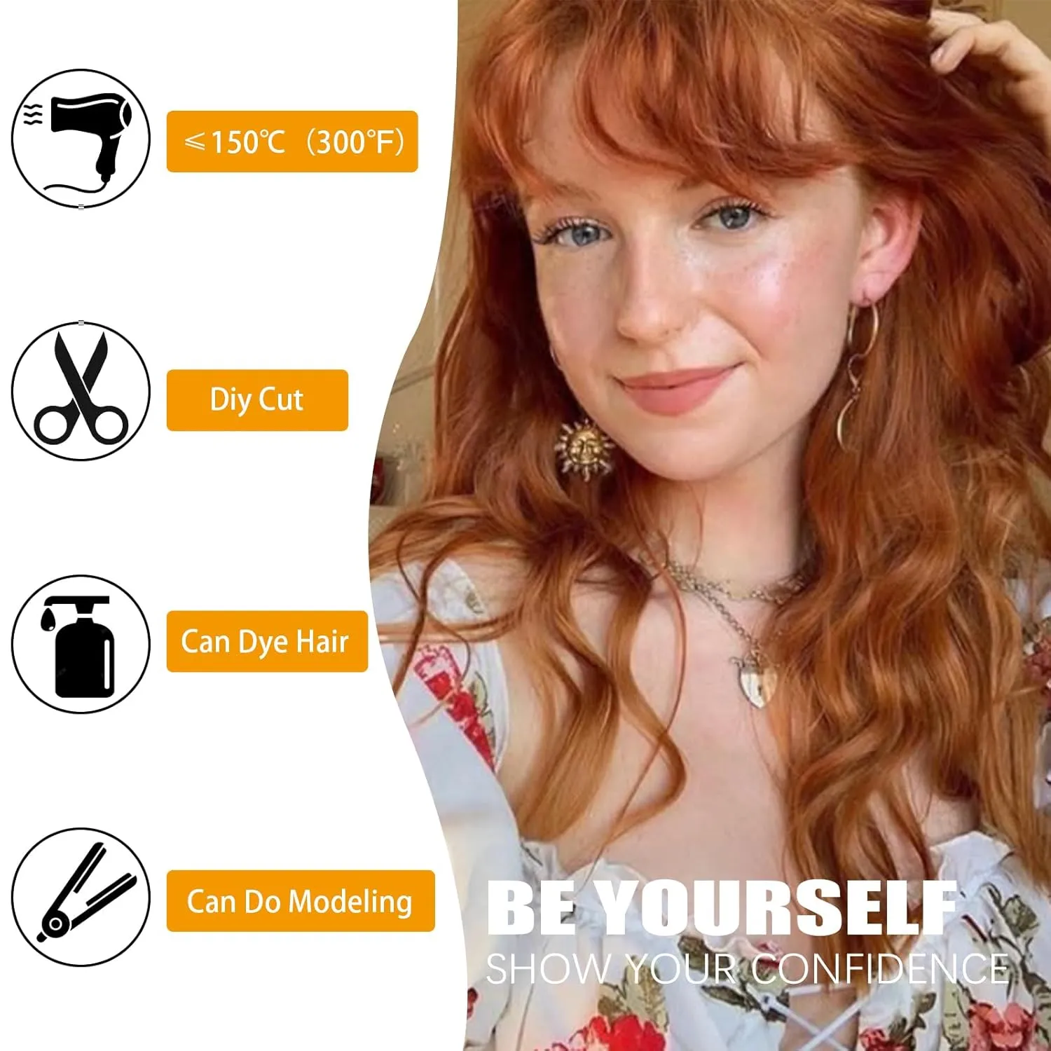Xinran Orange Wavy Wig With Bangs Long Ginger Wavy Wigs for Women 18 Inch Medium Length Synthetic Heat Resistant Wig for Daily Cosplay Party Use