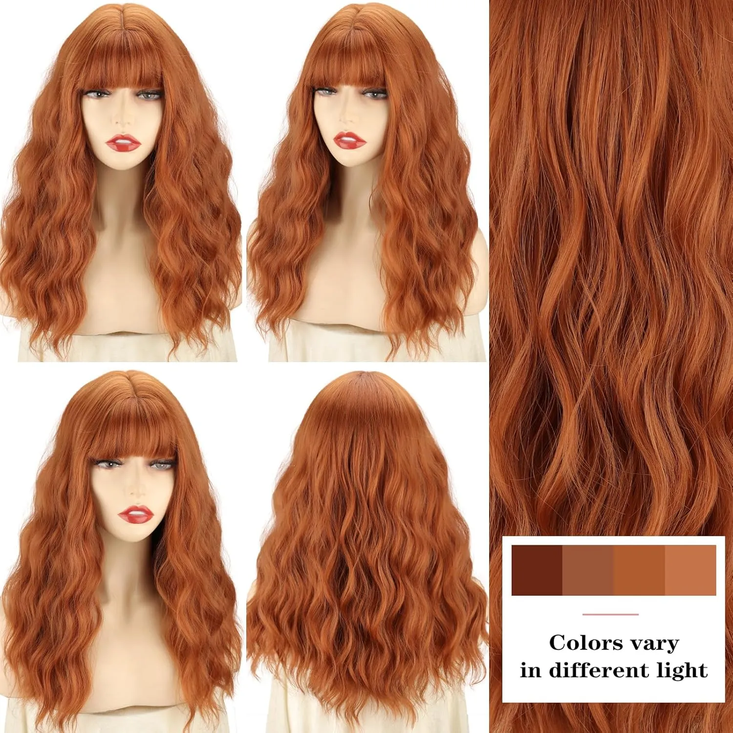 Xinran Orange Wavy Wig With Bangs Long Ginger Wavy Wigs for Women 18 Inch Medium Length Synthetic Heat Resistant Wig for Daily Cosplay Party Use