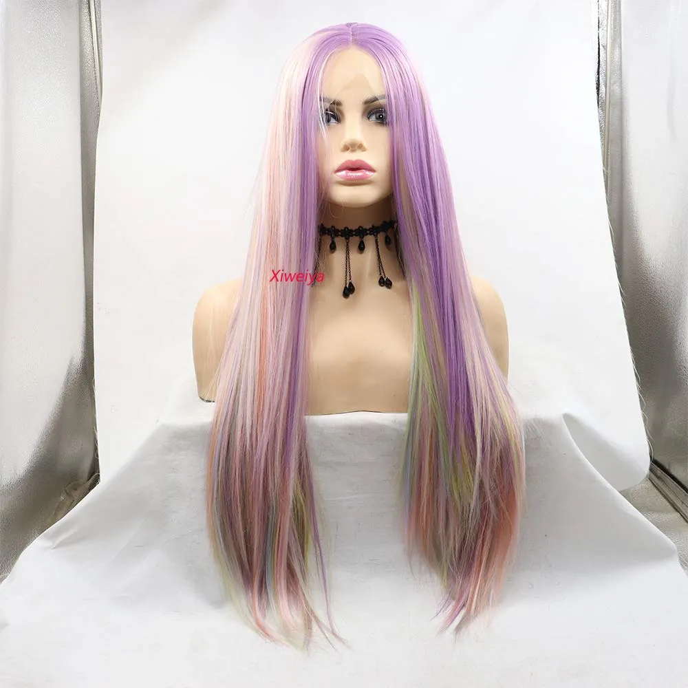 xiweiya Rainbow Multi Color Synthetic Lace Front Wigs Long Straight Purple Pink Green Blue Mixed Lace Front Wigs Natural Hairline Heat Resistant Fiber High Density Wigs for Women 24inch…